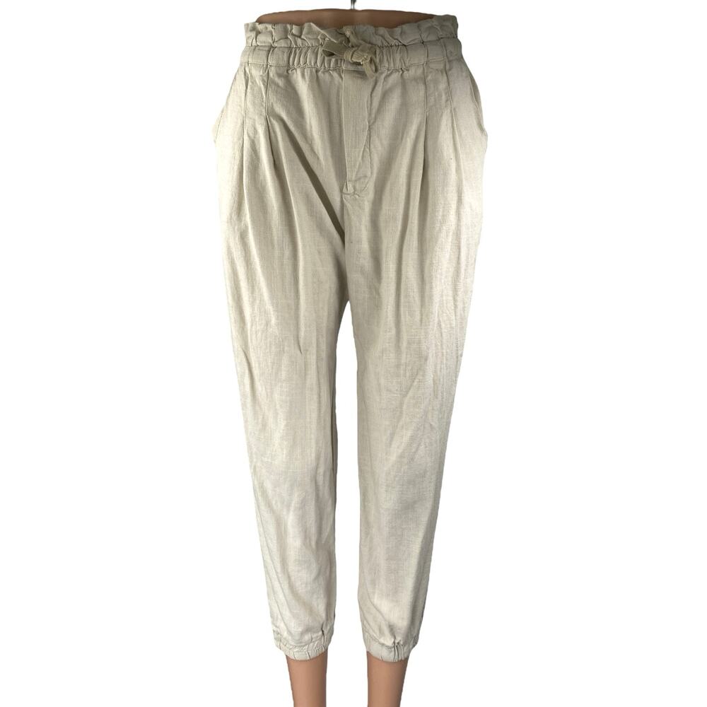 Pull & Bear White Linen High Waist Tapered Paperbag Trousers Jogger Pants Size M